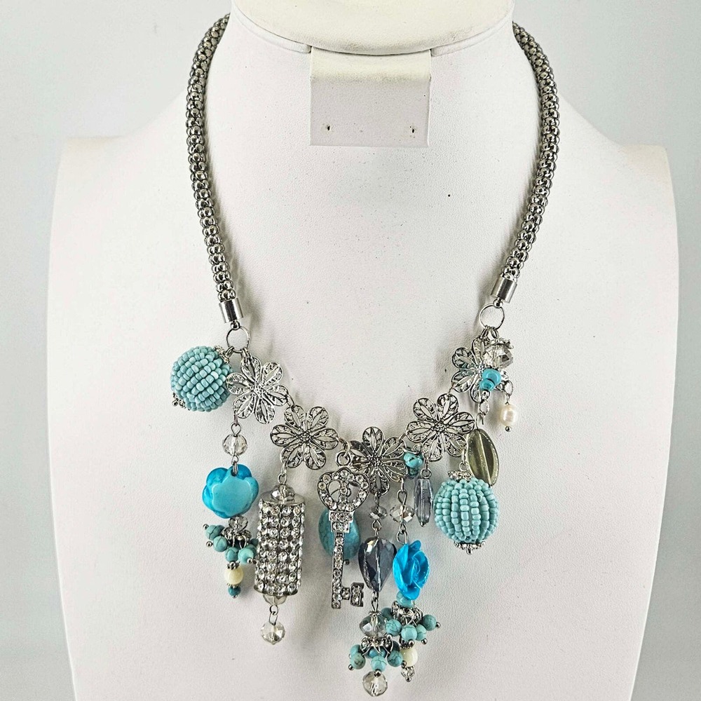 Aqua blue turquoise crystal and beaded statement charm necklace